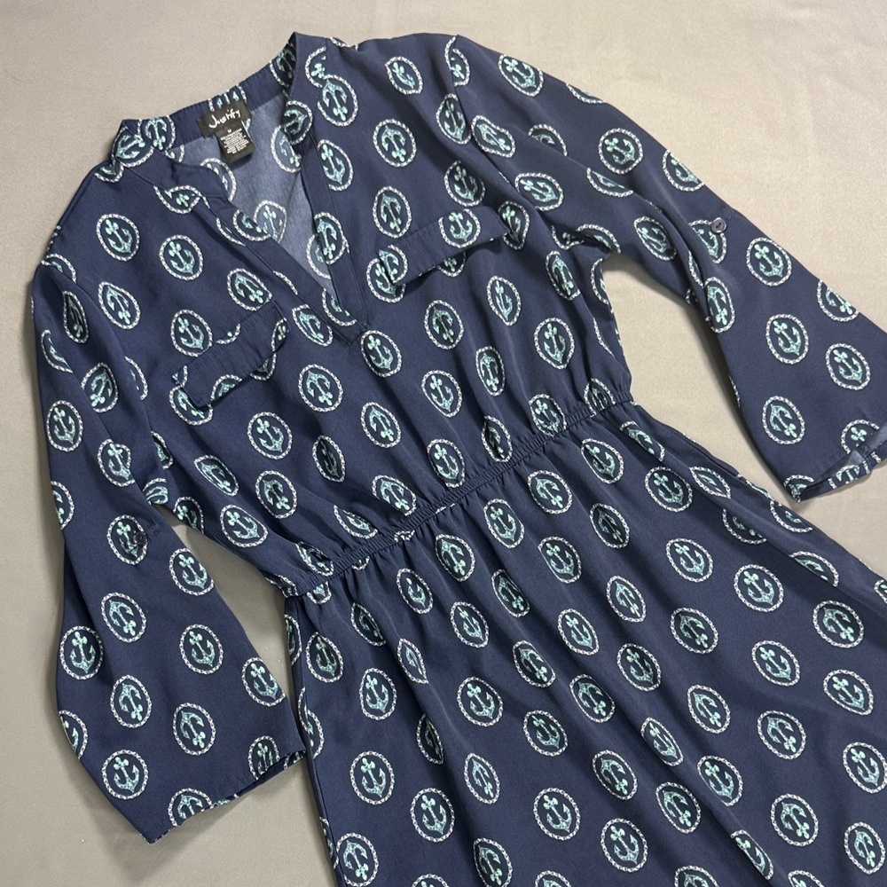 Justify Navy & Teal Circular Print Long Sleeve Fit and Flare Dress Size M